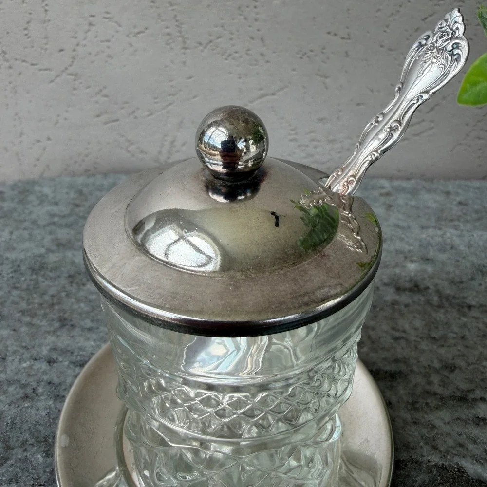 Vintage Diamond Cut Glass Jam Pot Set with Silver Tone Lid Spoon and Plate